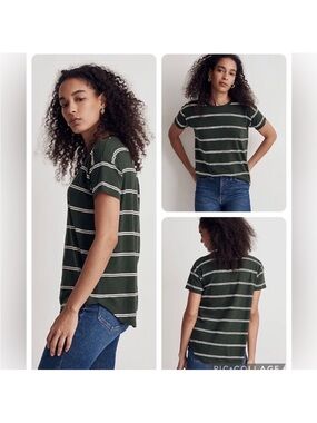 Madewell Whisper Cotton Crewneck Tee in Dark Green Amar Stripe